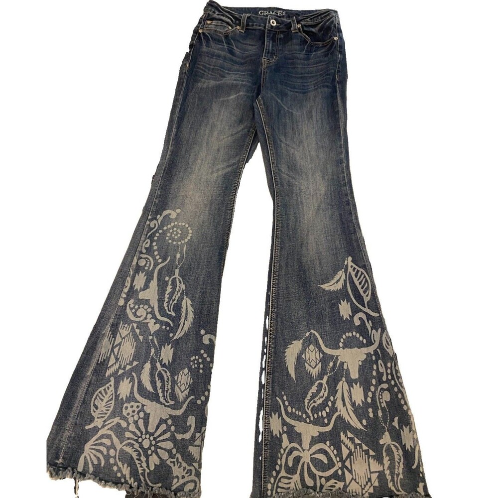 Grace in LA Blue Flare Jeans with White Western Floral Artwork size 28